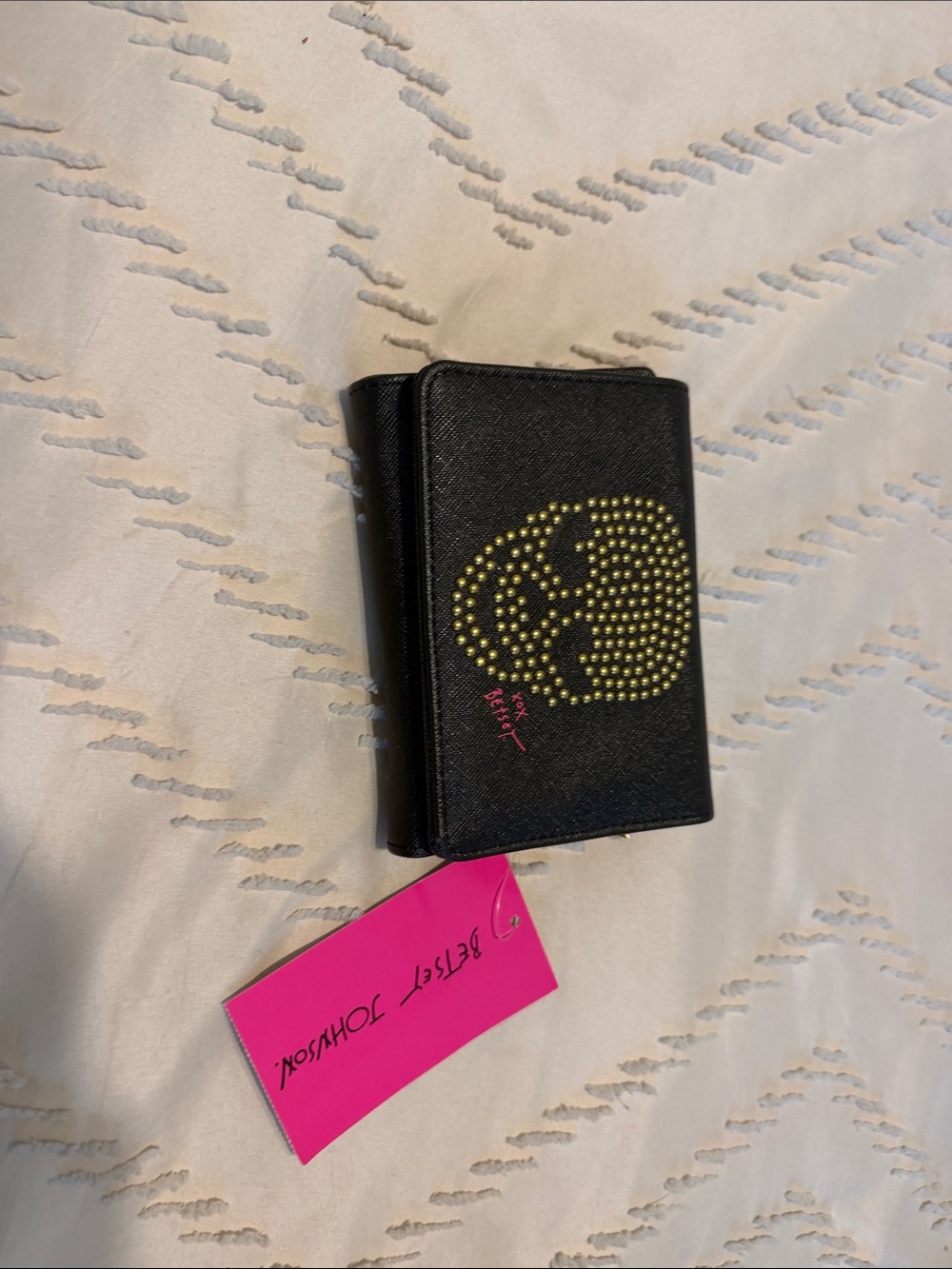 Betsey Johnson Black Wallet with Gold Studded Skull and Pink Logo Tag